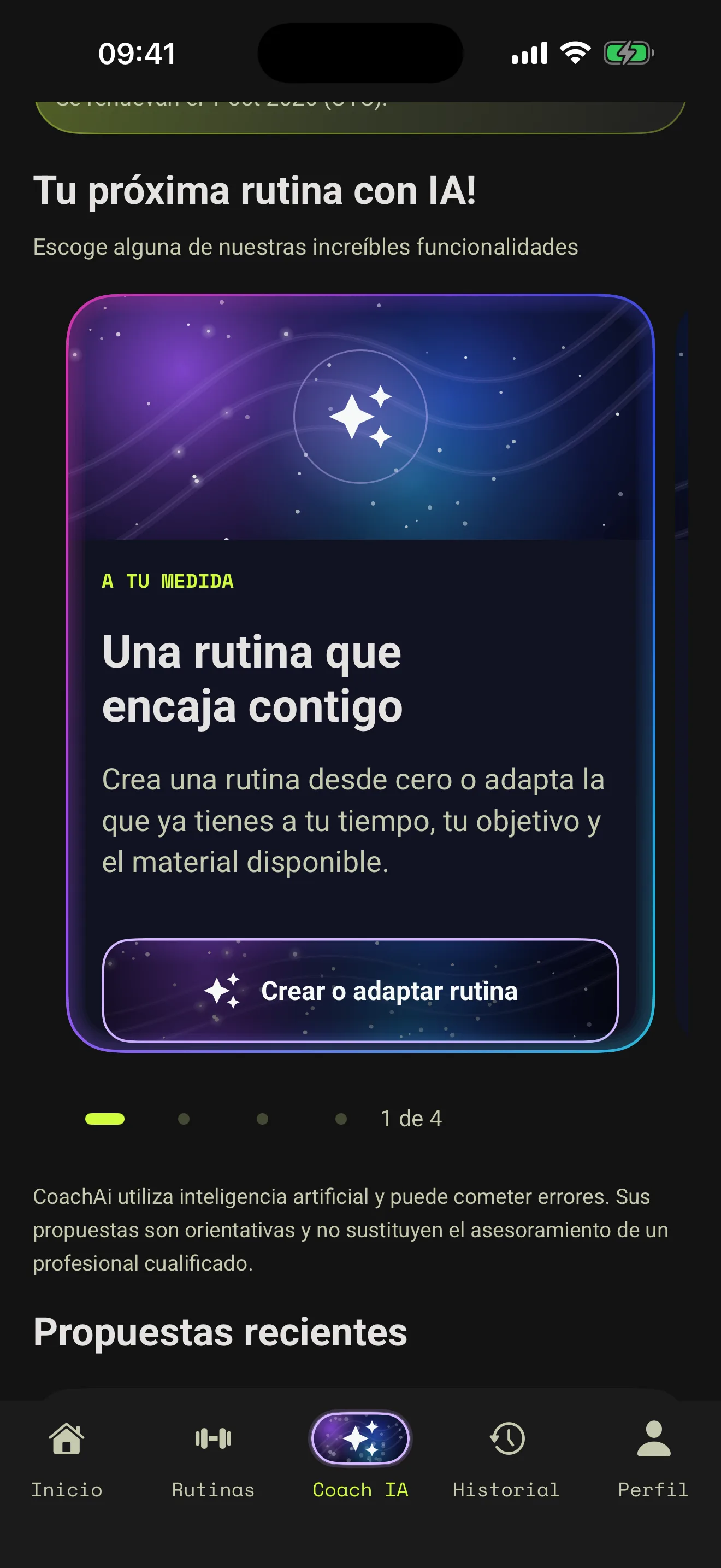 Opciones de Coach AI para crear o adaptar una rutina de entrenamiento.