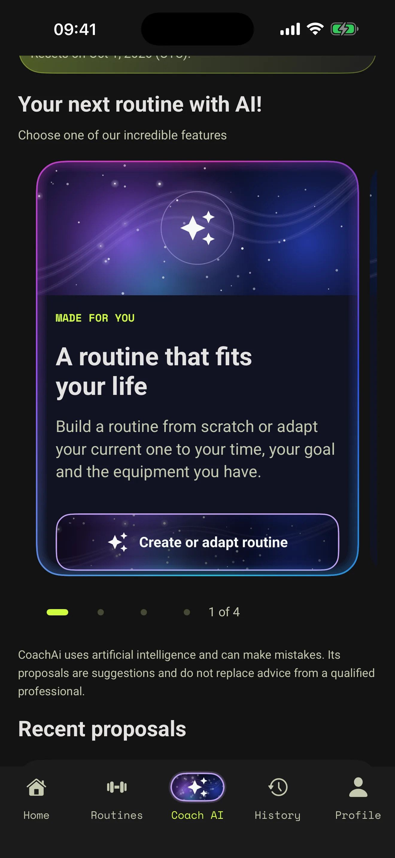 Coach AI options to create or adapt a workout routine.