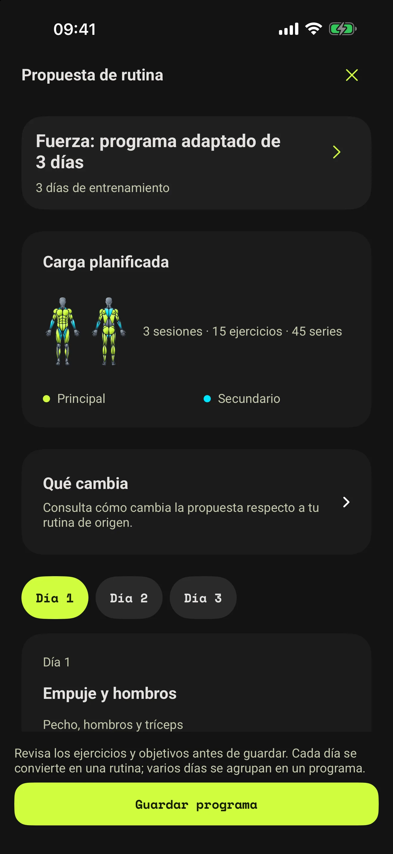 Propuesta de Coach AI con carga planificada y días de entrenamiento para revisar antes de guardar.
