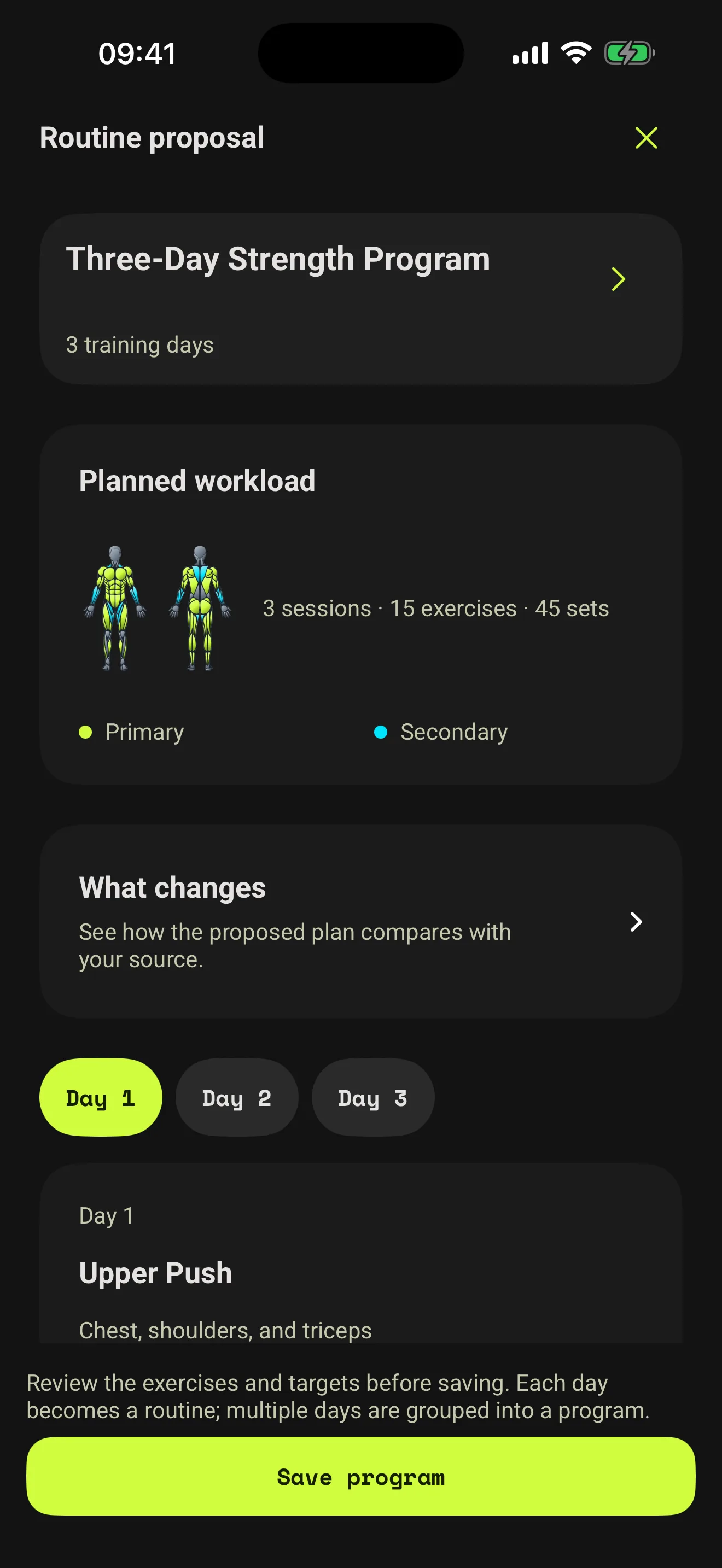 Coach AI routine proposal with planned workload and training days to review before saving.