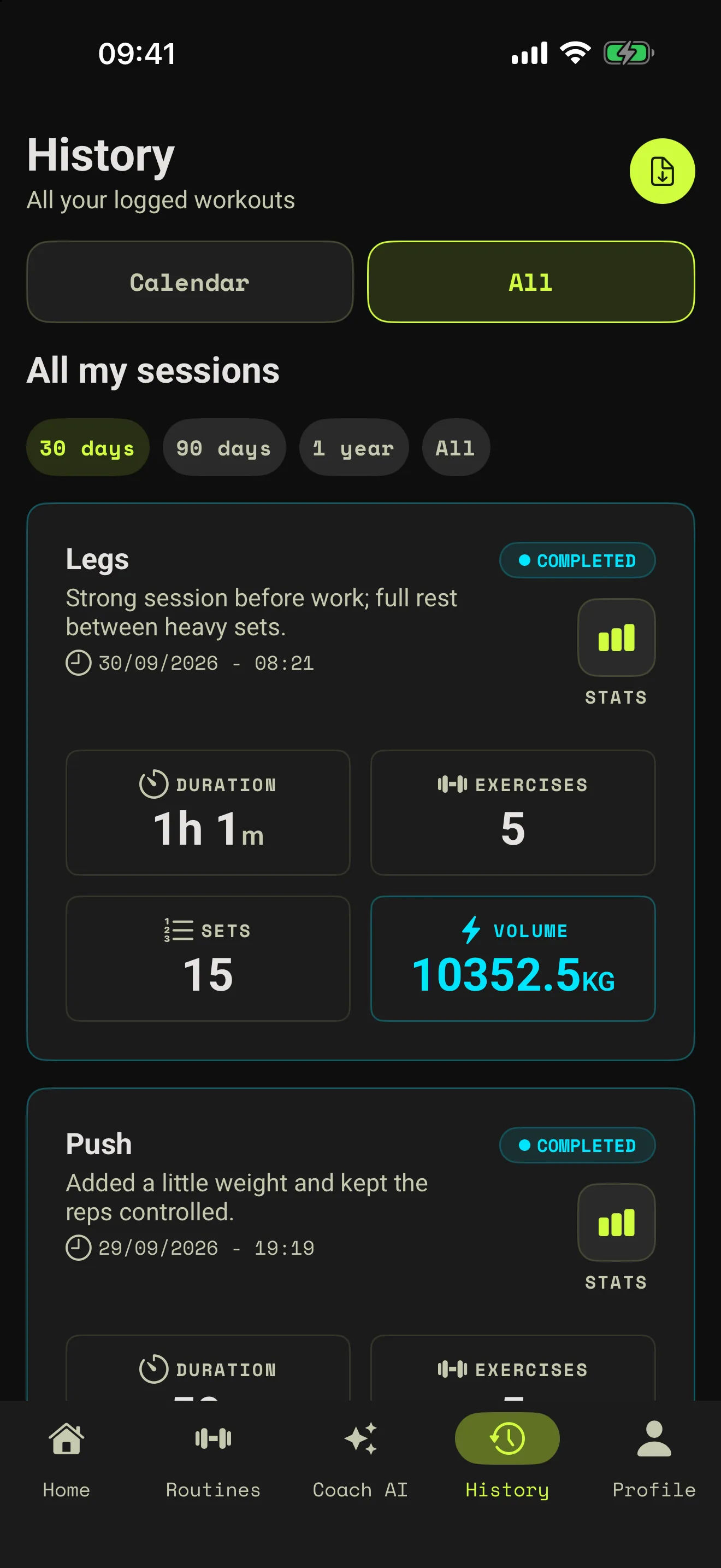 Workout history with completed sessions, duration, exercises, sets and volume.