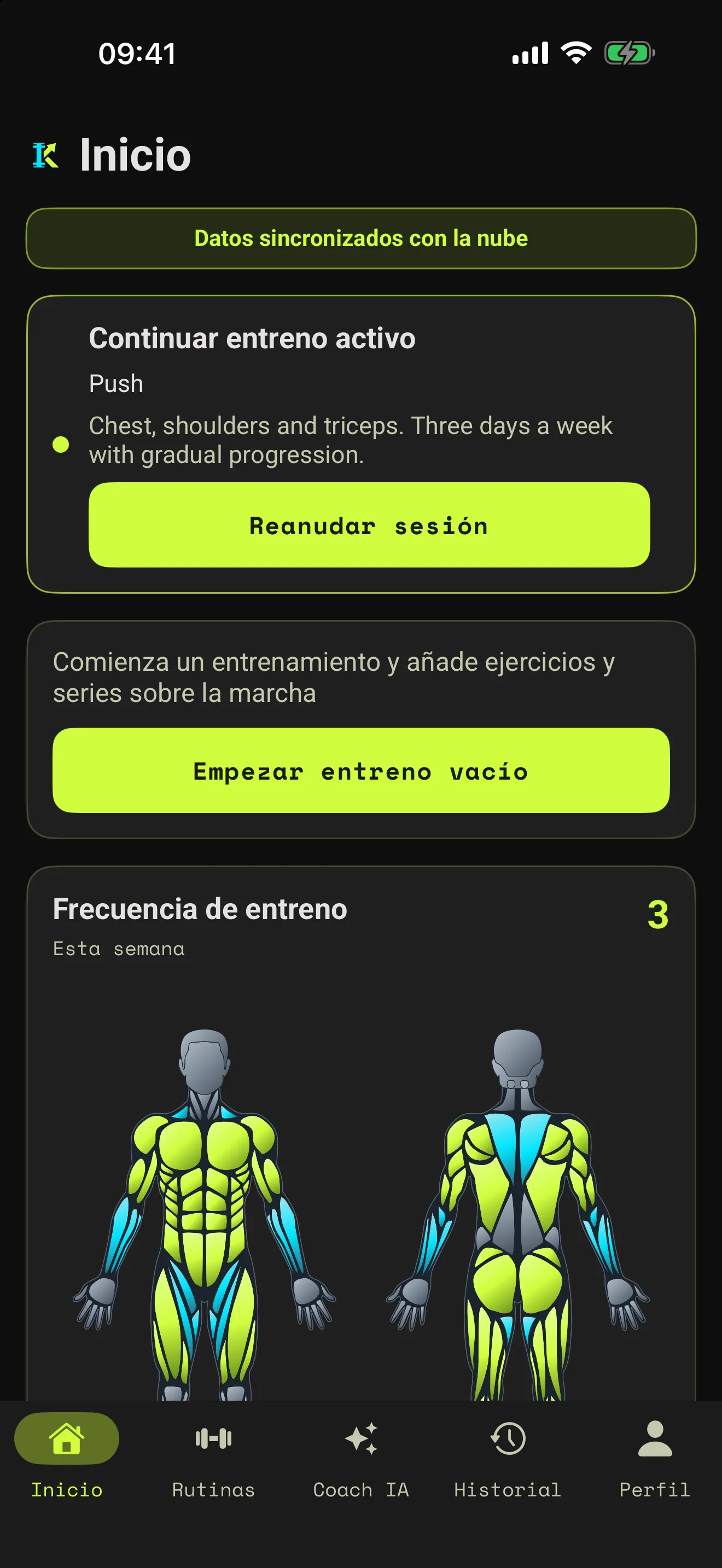Inicio con un entrenamiento activo, frecuencia semanal y mapa muscular.