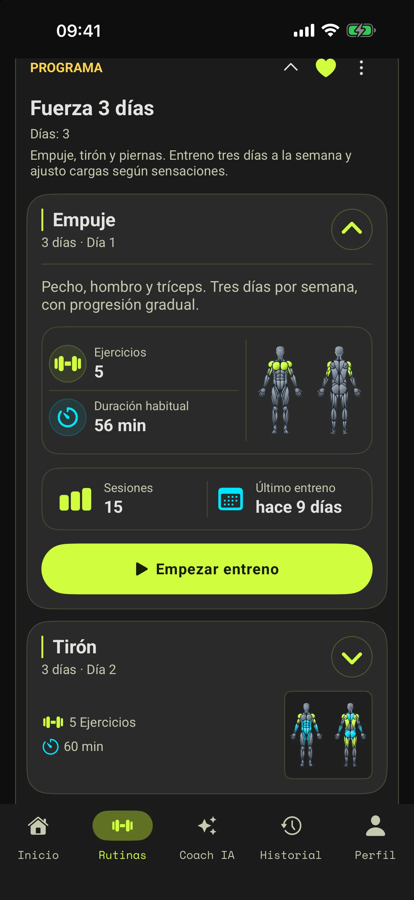 Programa de fuerza de tres días con rutinas de empuje y tirón.